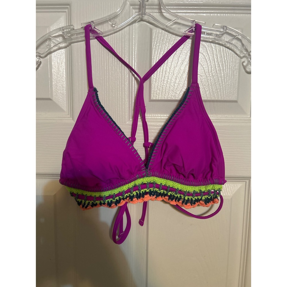 Xhilaration Womens Purple Crochet Trim Triangle Bikini‎ Top Large Lace Up Back